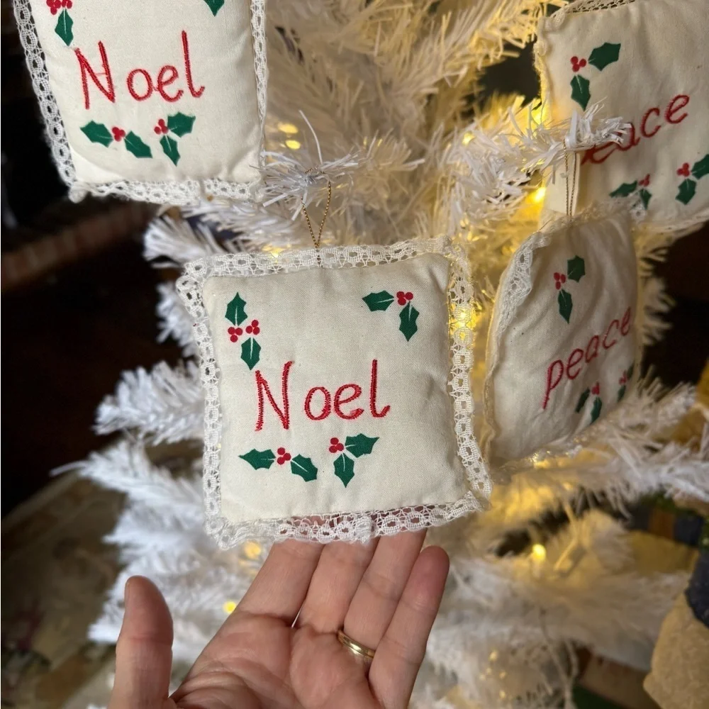 Vintage 1980’s Peace, Joy, Noel White Pillow Ornaments Set of 6